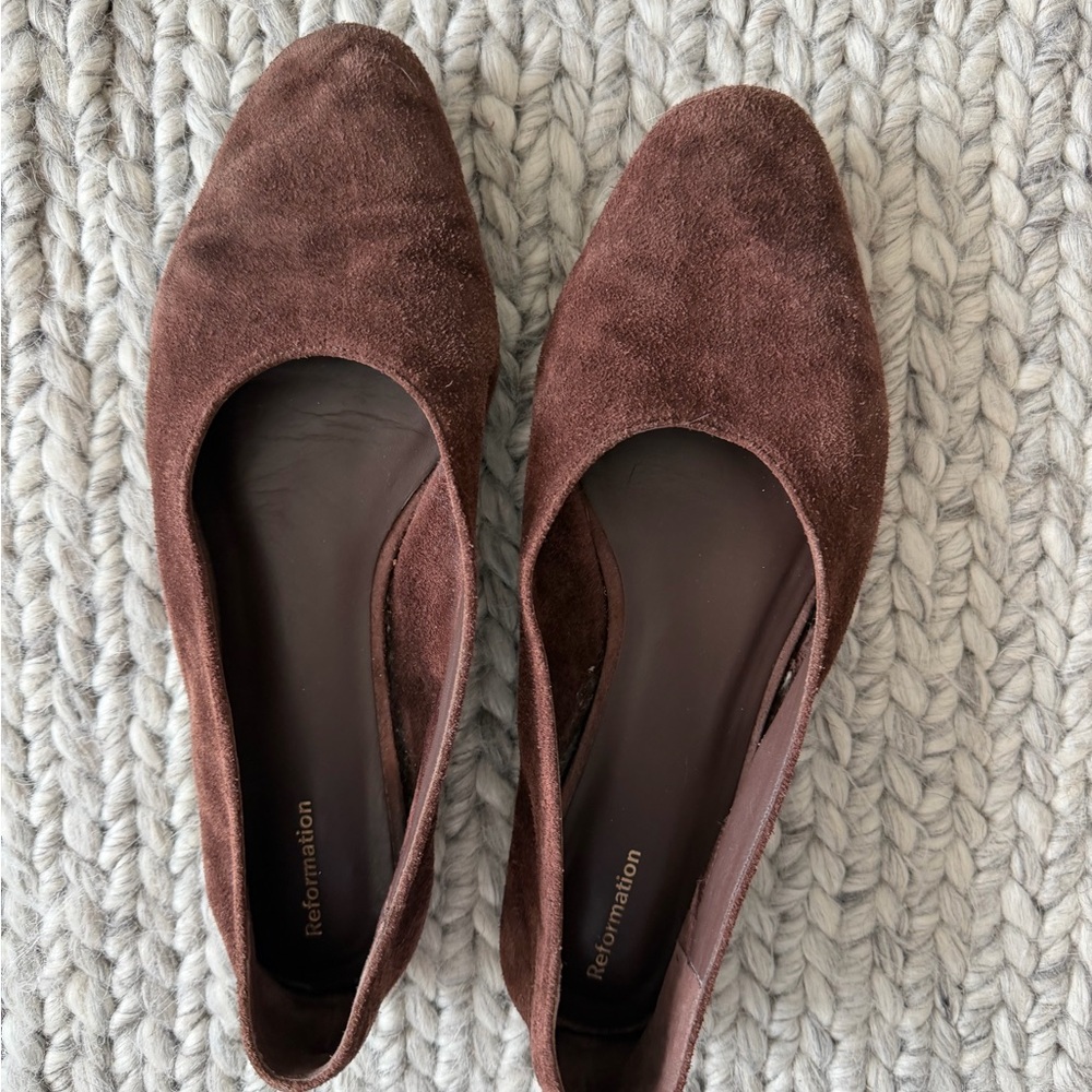 Reformation Brown Suede Square-Toe Flats